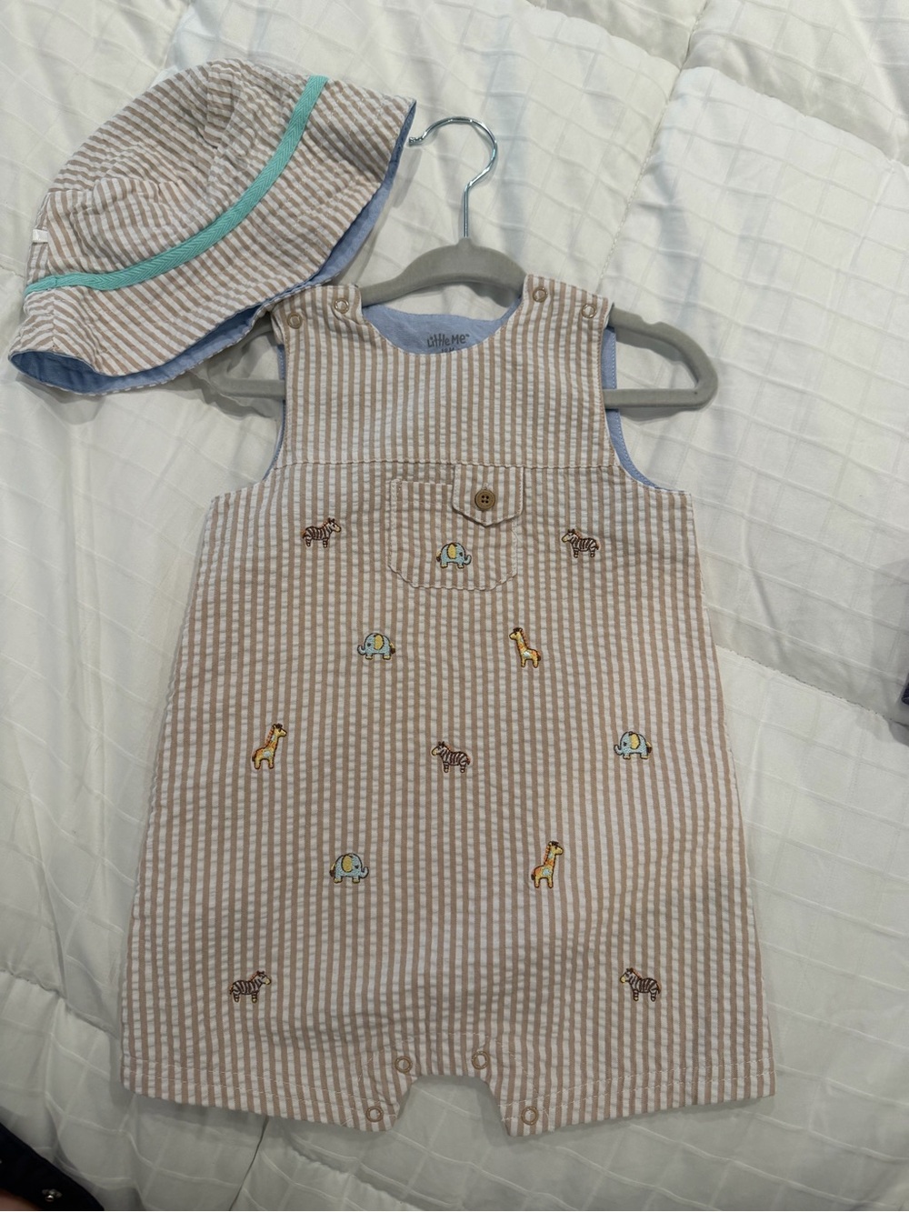 Little Me Tan and White Striped Baby Romper with Blue Lining